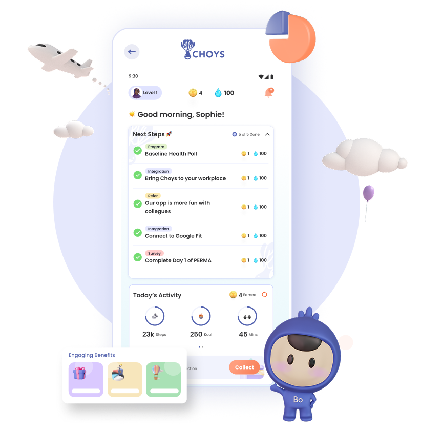 The CHOYS app: a morning greeting, next steps, today's activity and coins, with Bo alongside.