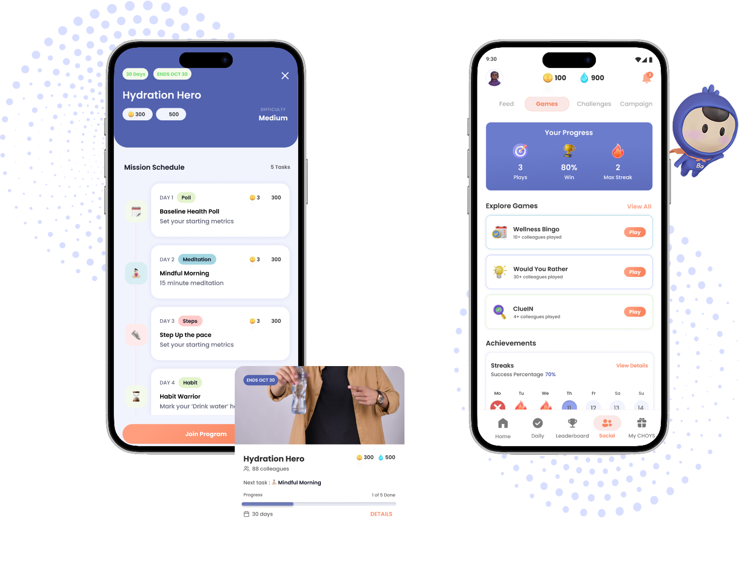 The CHOYS programs and games screens: a Hydration Hero program with its mission schedule and 88 colleagues joined, and a games screen showing plays, win rate and max streak, with Bo alongside.