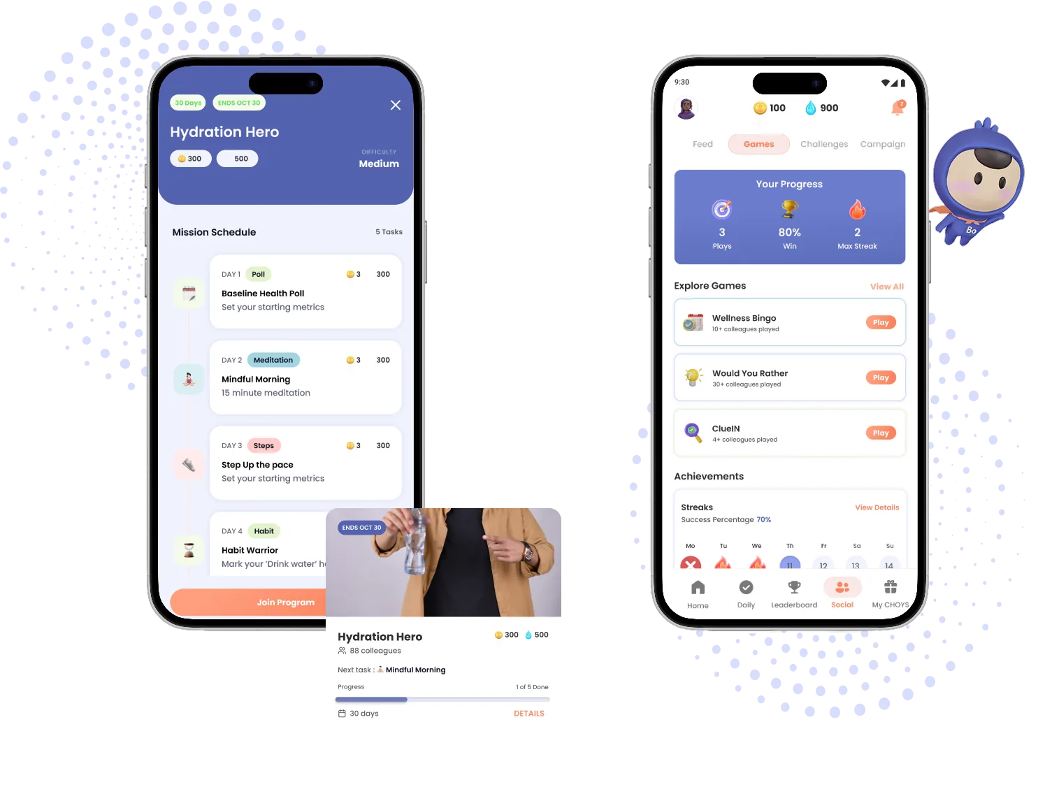 The CHOYS programs and games screens: a Hydration Hero program with its mission schedule and 88 colleagues joined, and a games screen showing plays, win rate and max streak with Wellness Bingo, Would You Rather and ClueIN, Bo the CHOYS mascot alongside.
